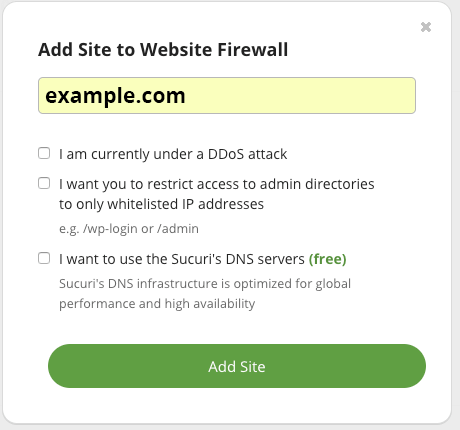 Screenshot Add Site to Website Firewall